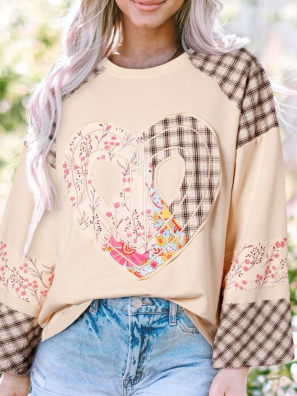 Women's Beige and Plaid Heart Patchwork Pullover Top